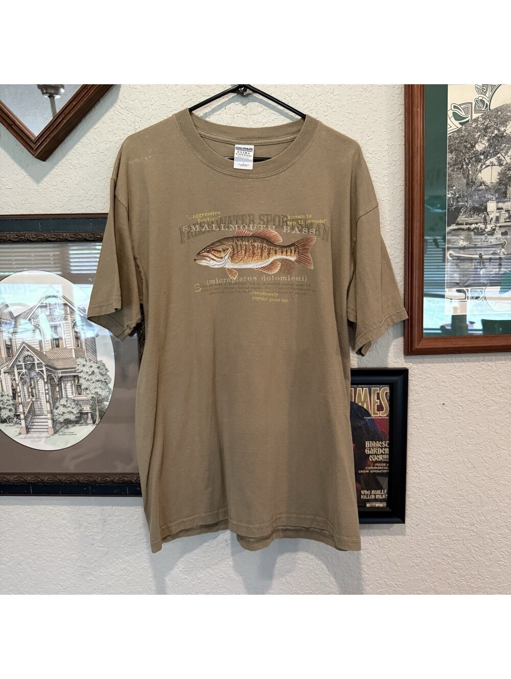 Vintage 90s/00s Freshwater Sportsman Smallmouth Bass Tan Fishing Shirt Sz Large